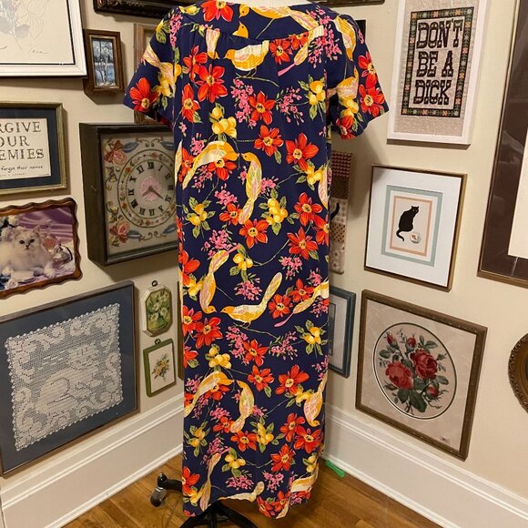 Vintage Blue Yellow Red Hawaiian Bird Print Barkcloth Short Sleeve Maxi Dress 2X - Picture 3 of 3